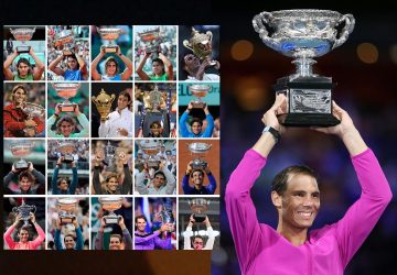 Compilation des 21 titres du grand chelem remportés par Nadal au cours de sa carrière. Photo AFP