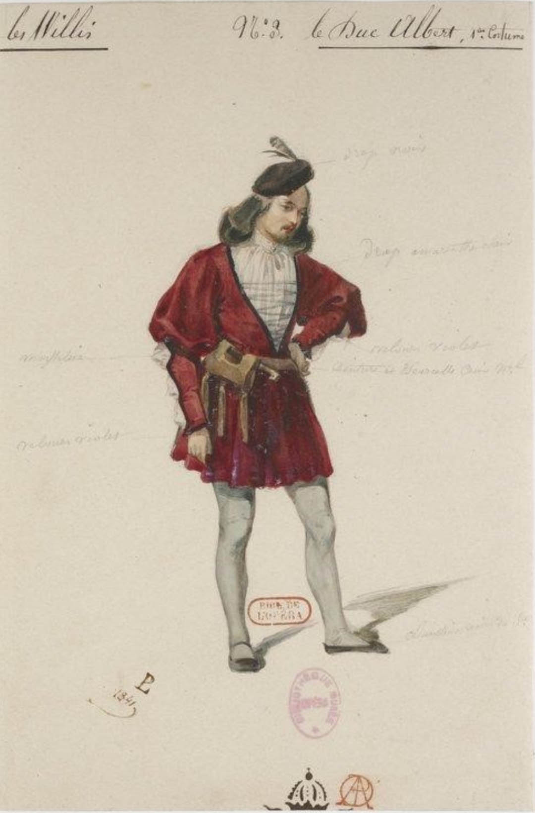 Lucien Petipa dans le costume du personnage d'Albretch dans le ballet "Giselle", dessin de Paul Lormier 1841.